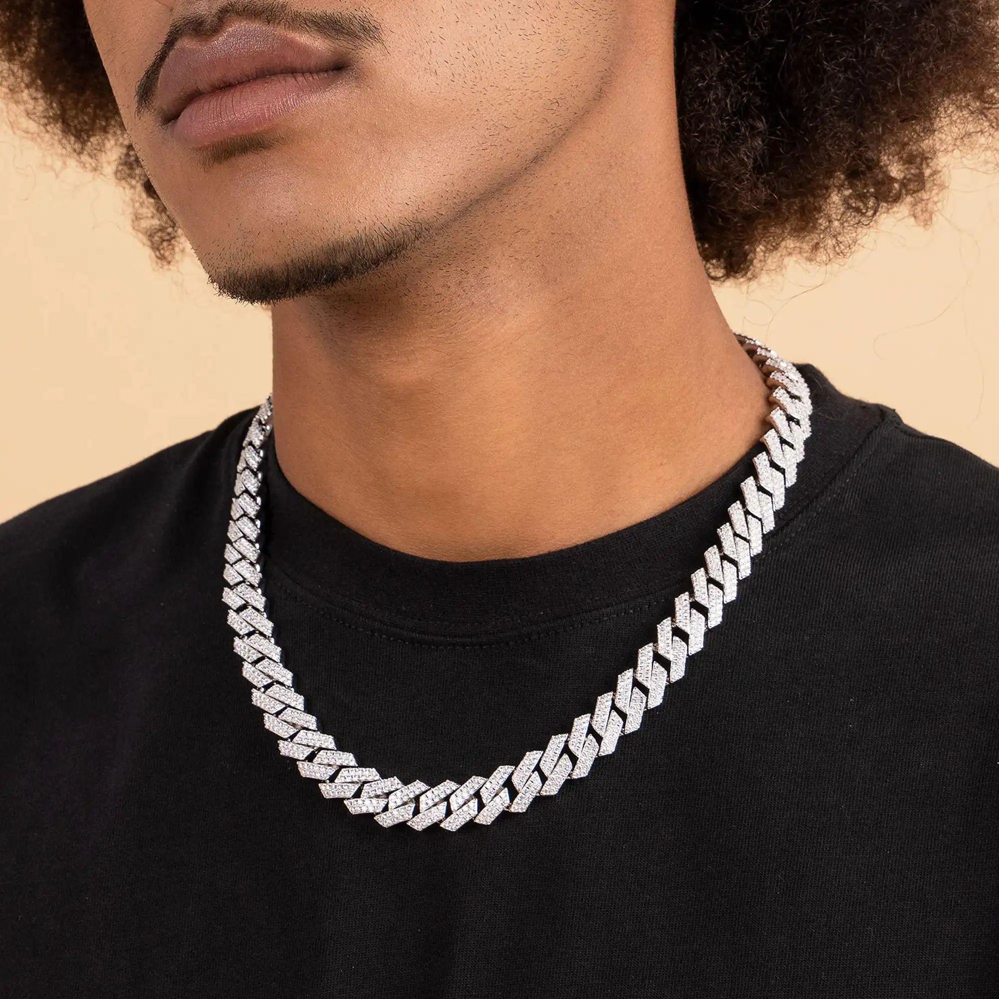 White Gold Round Cut Prong Cuban Link Chain - 12mm - Image 2