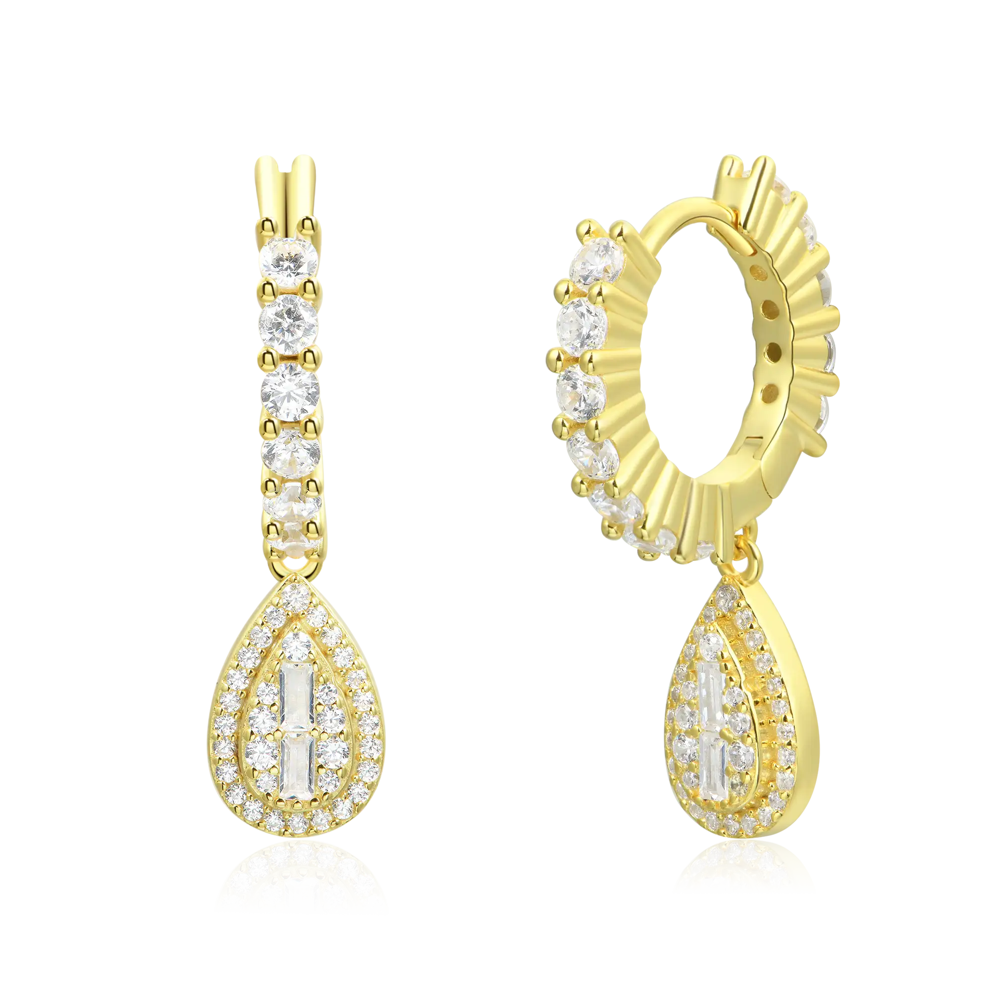 S925 Teardrop Baguette Mix Halo Dangly Earrings - Pair