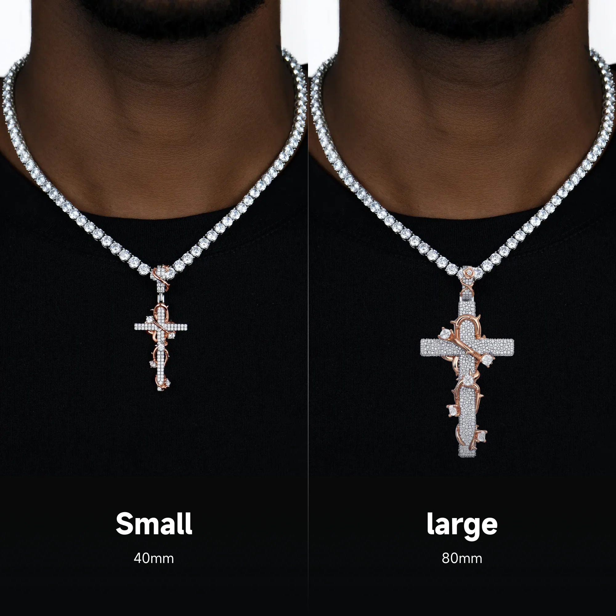Large Brass Pave Set Thorned Rose Cross Pendant - Image 2
