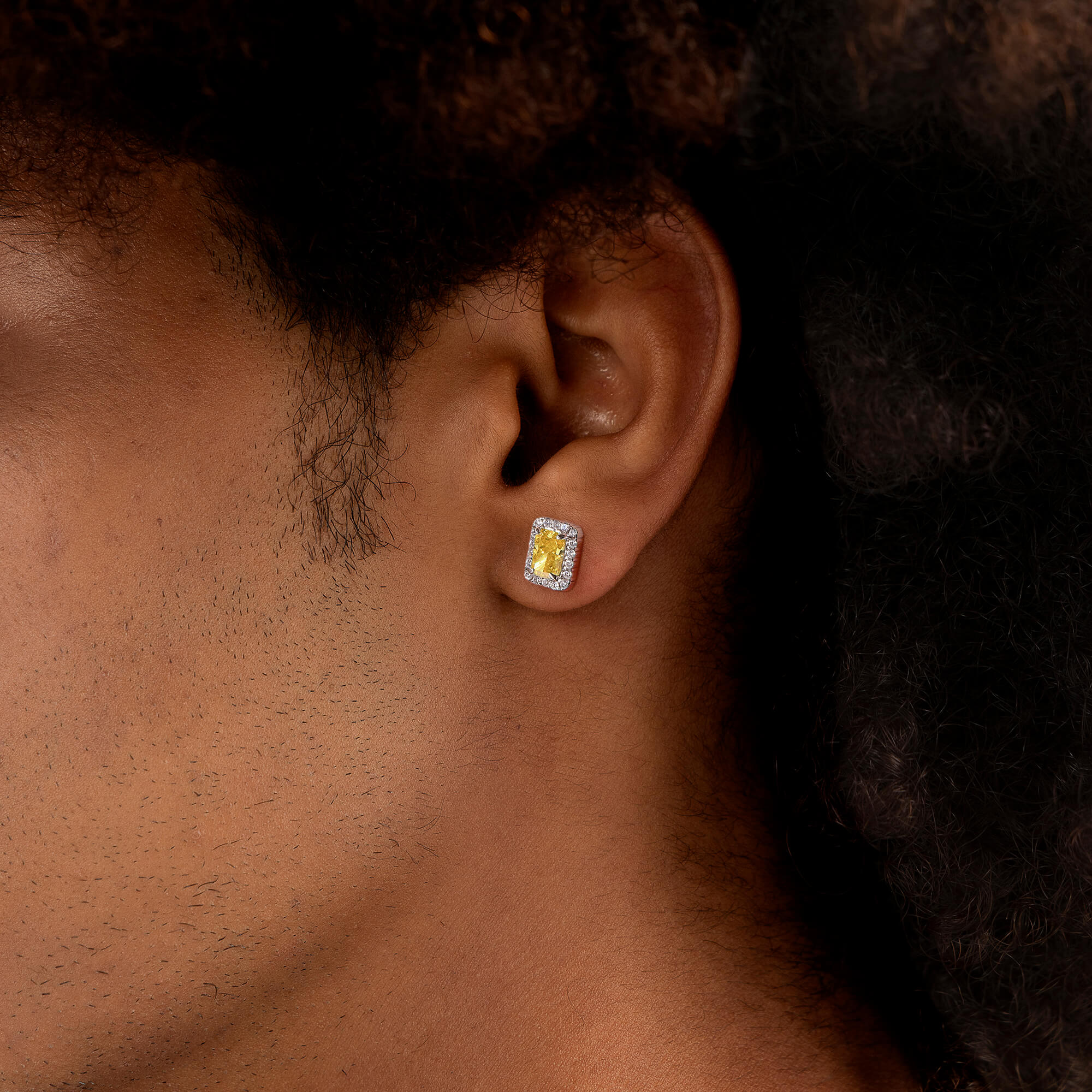 S925 Crushed Ice Emerald Cut Stud Earring - Fancy Yellow - Image 2