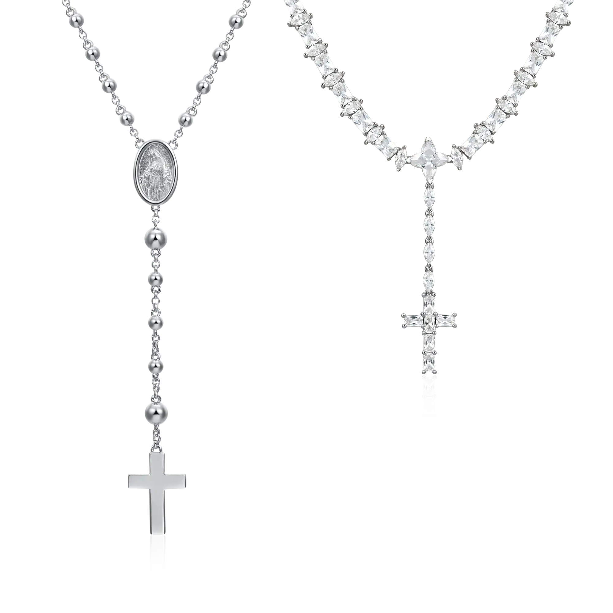 Custom Virgin Mary Rosary Layered Necklace Set - White Gold - Image 3