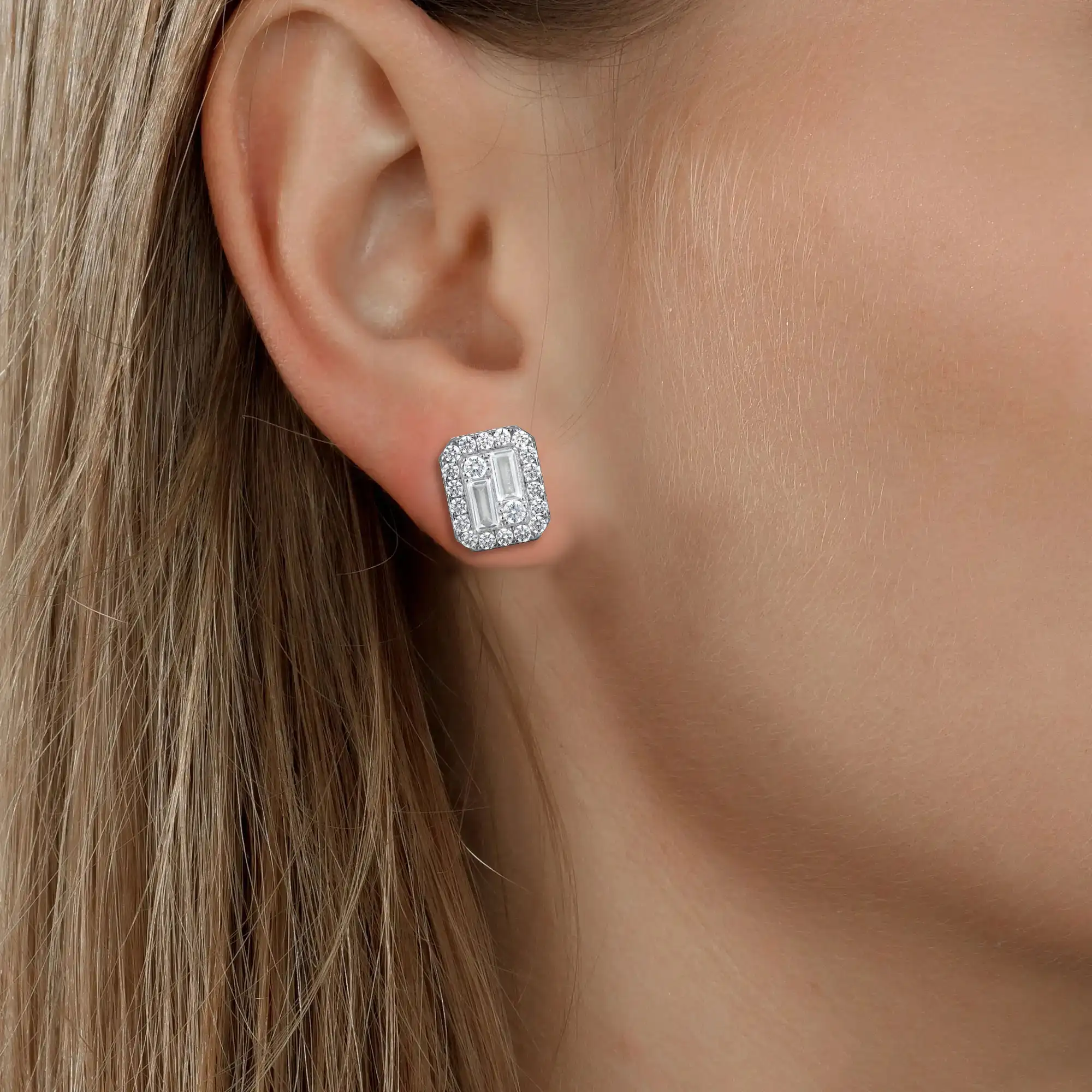 S925 Emerald Cut Mix Halo Stud Earrings - Pair - Image 10