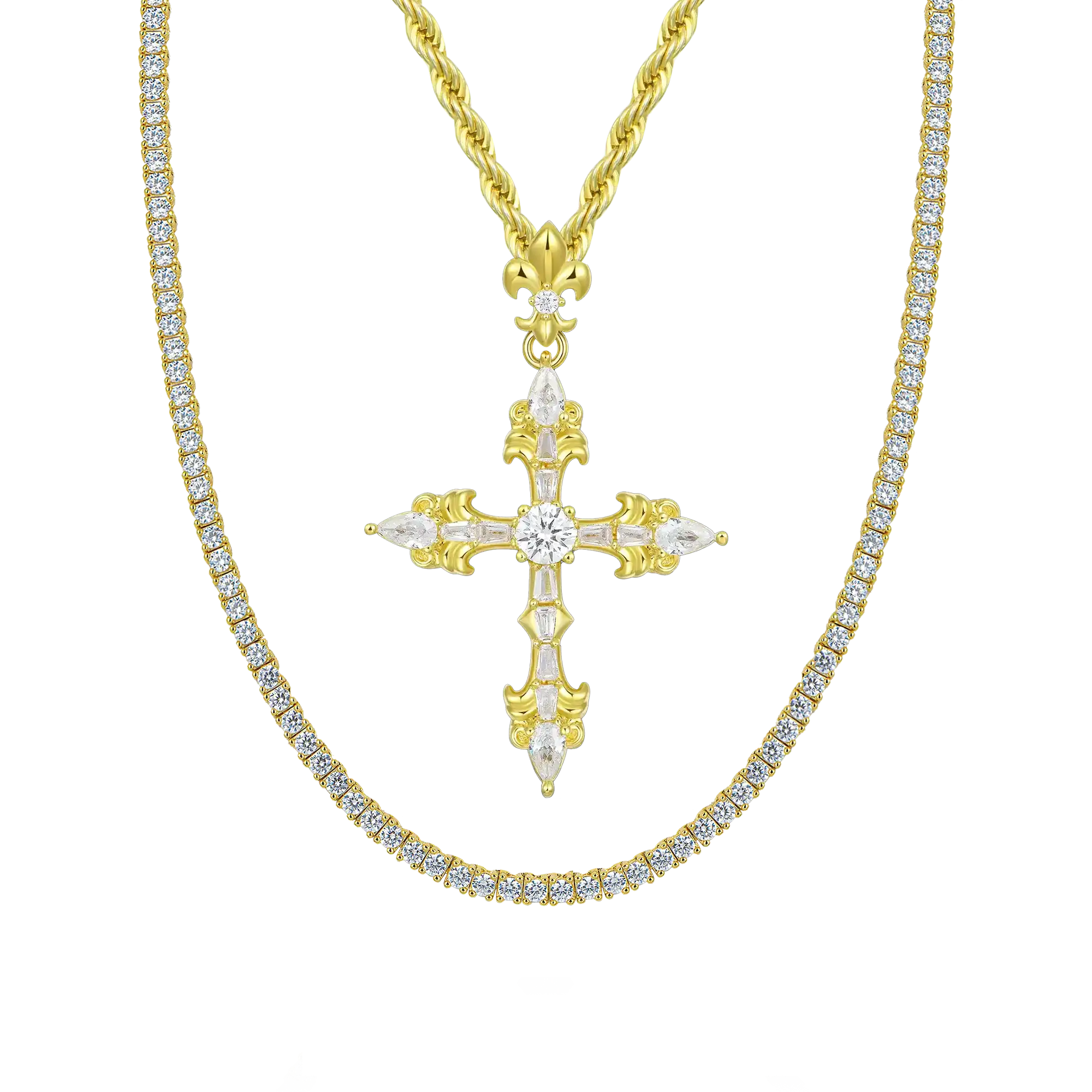 Fleur De Lis Cross Pendant + Tennis Chain Gift Set - Image 2