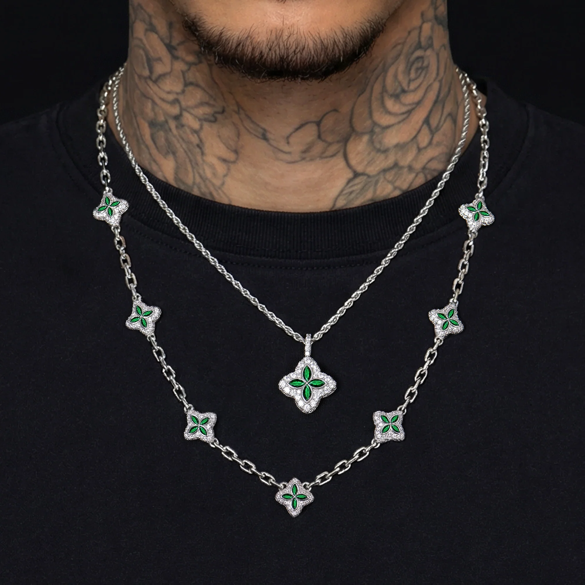 Iced Luminous Clover Pendant & Chain Layer Set