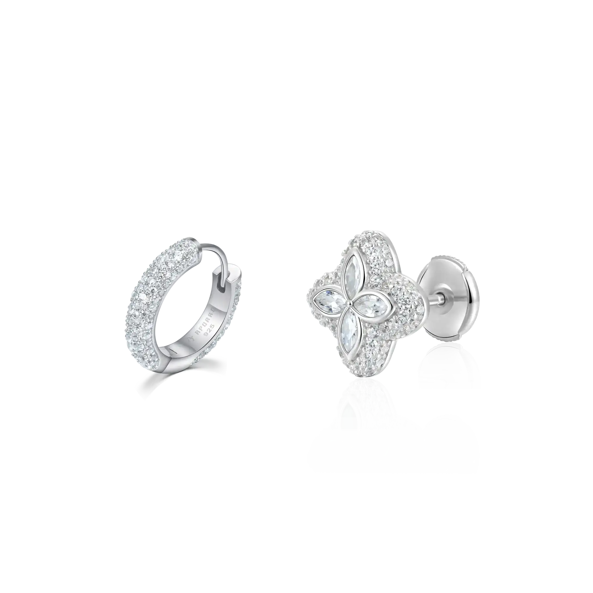 S925 Paved Hoop & Clover Stud Earring Set - Image 3