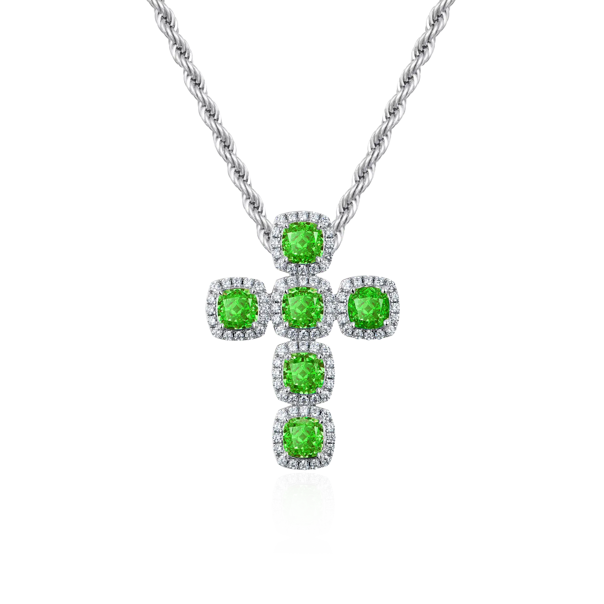 Radiant Cut Clustered Cross Pendant - Fancy Green