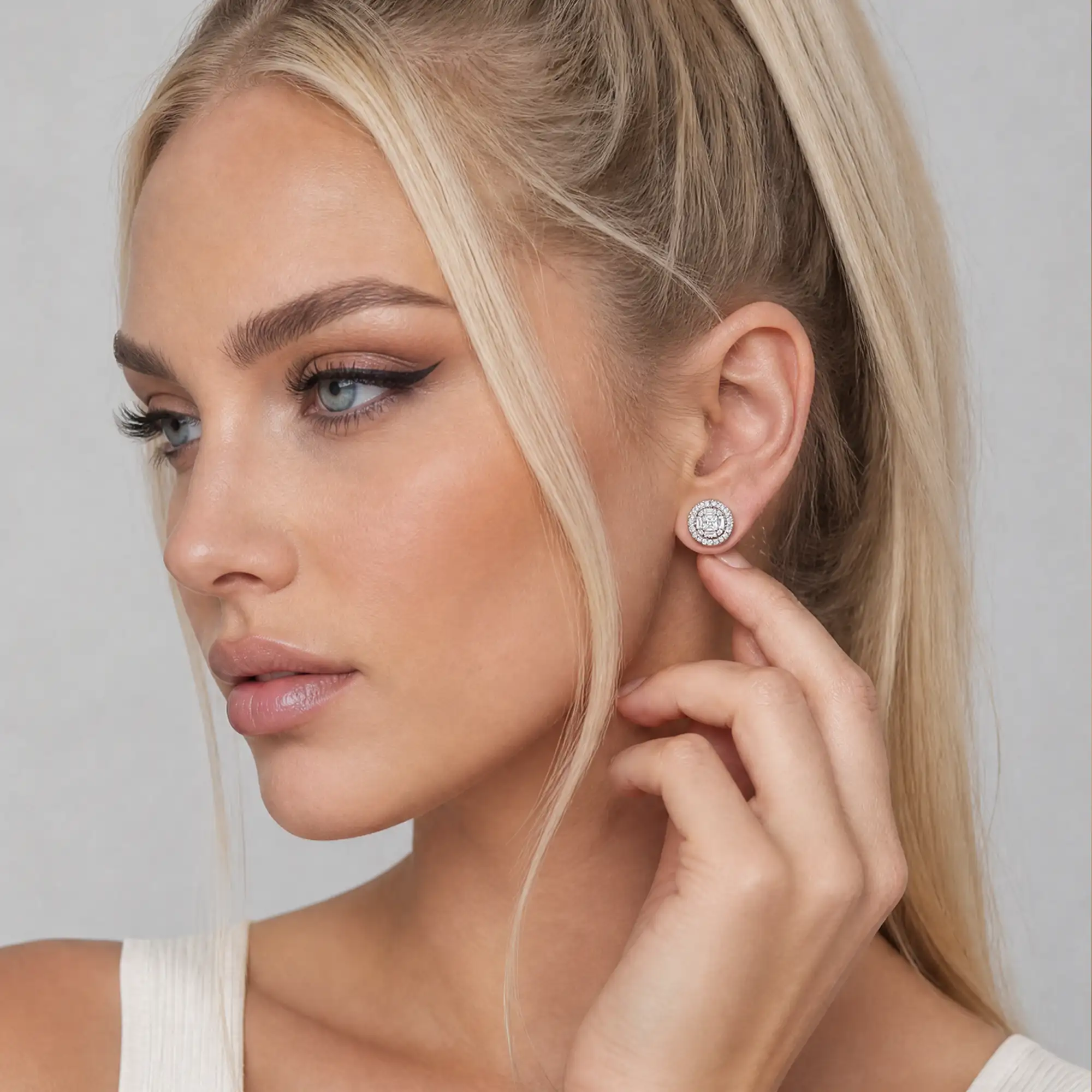 S925 Baguette Mix Round Cut Halo Stud Earrings - Pair - Image 12