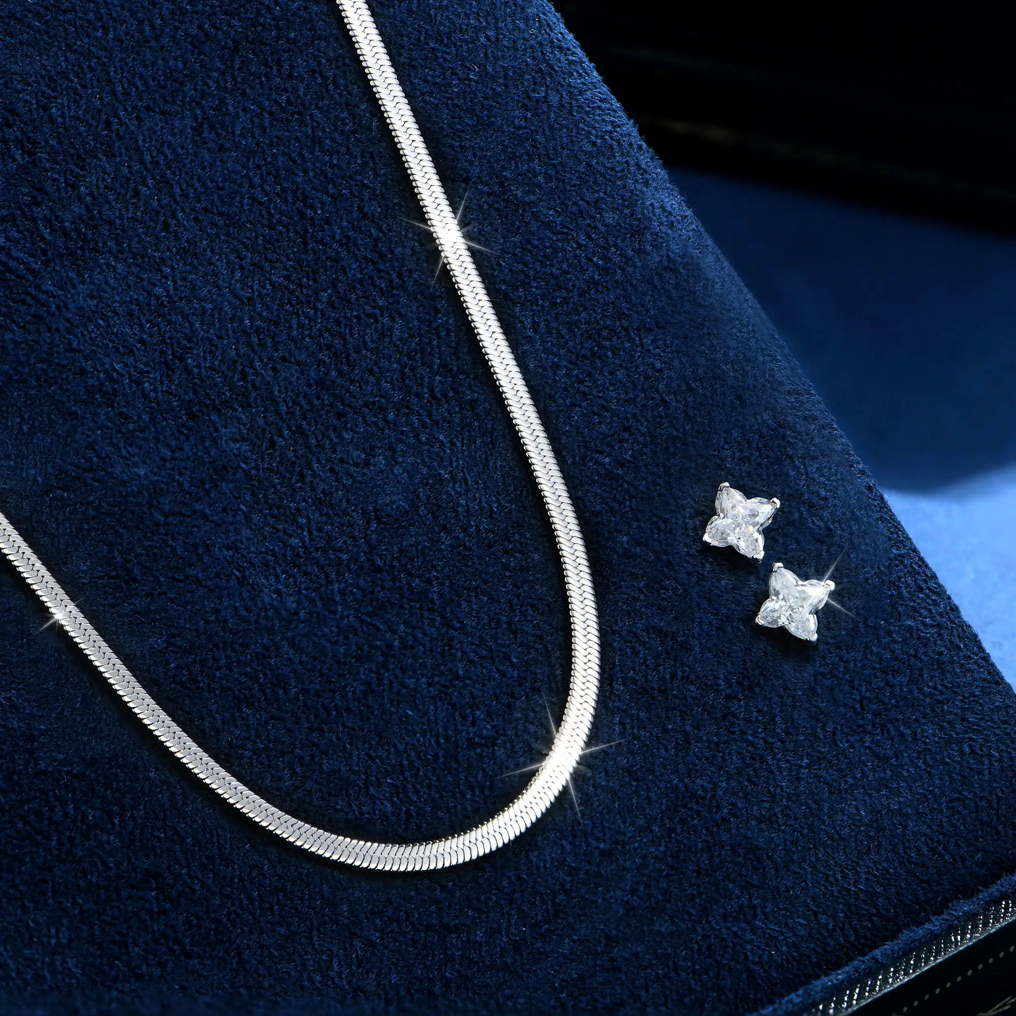 Solid Clover Cut Stud Earrings & Herringbone Chain Set
