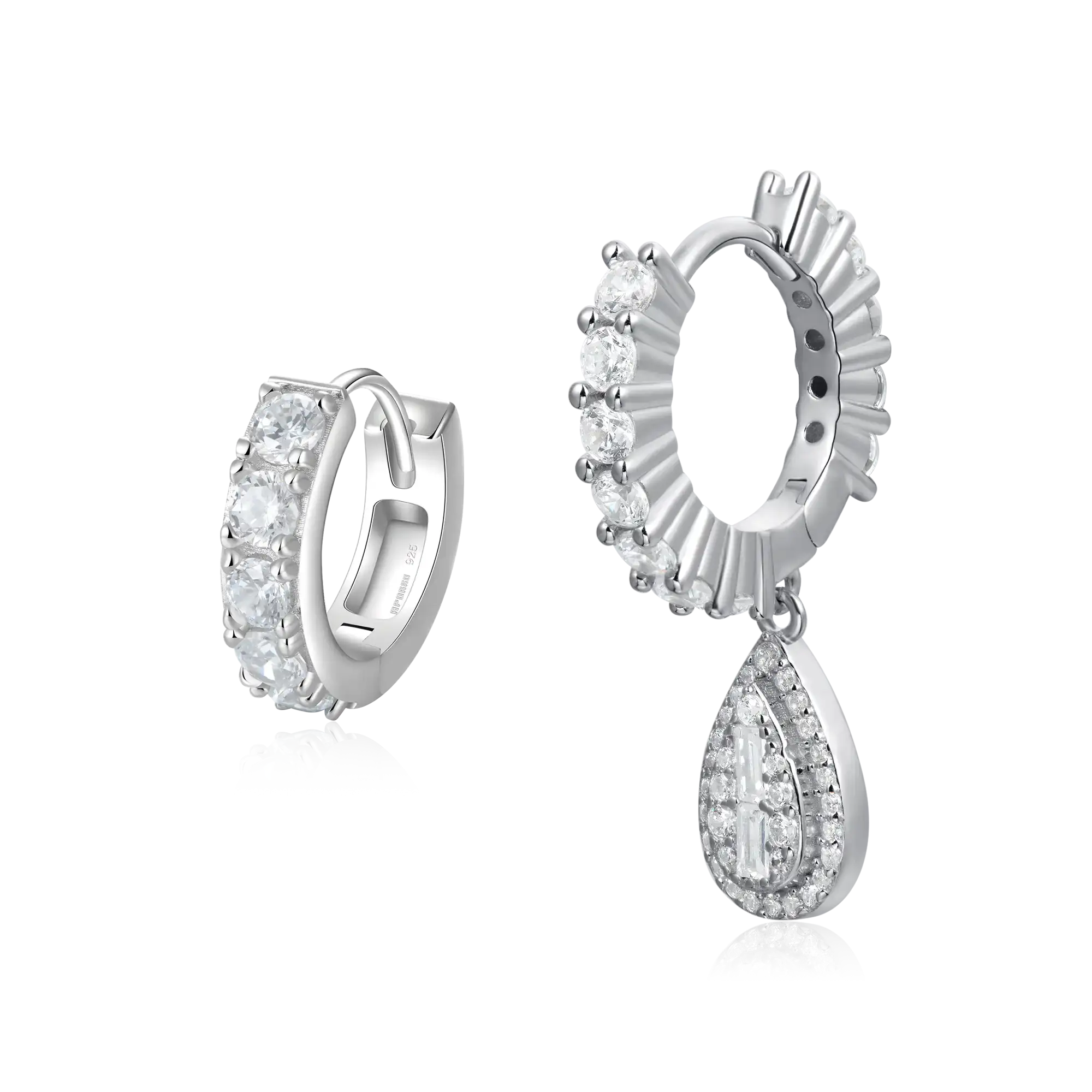 S925 Teardrop Baguette Dangly & Classic Hoop Earring Set - Image 2