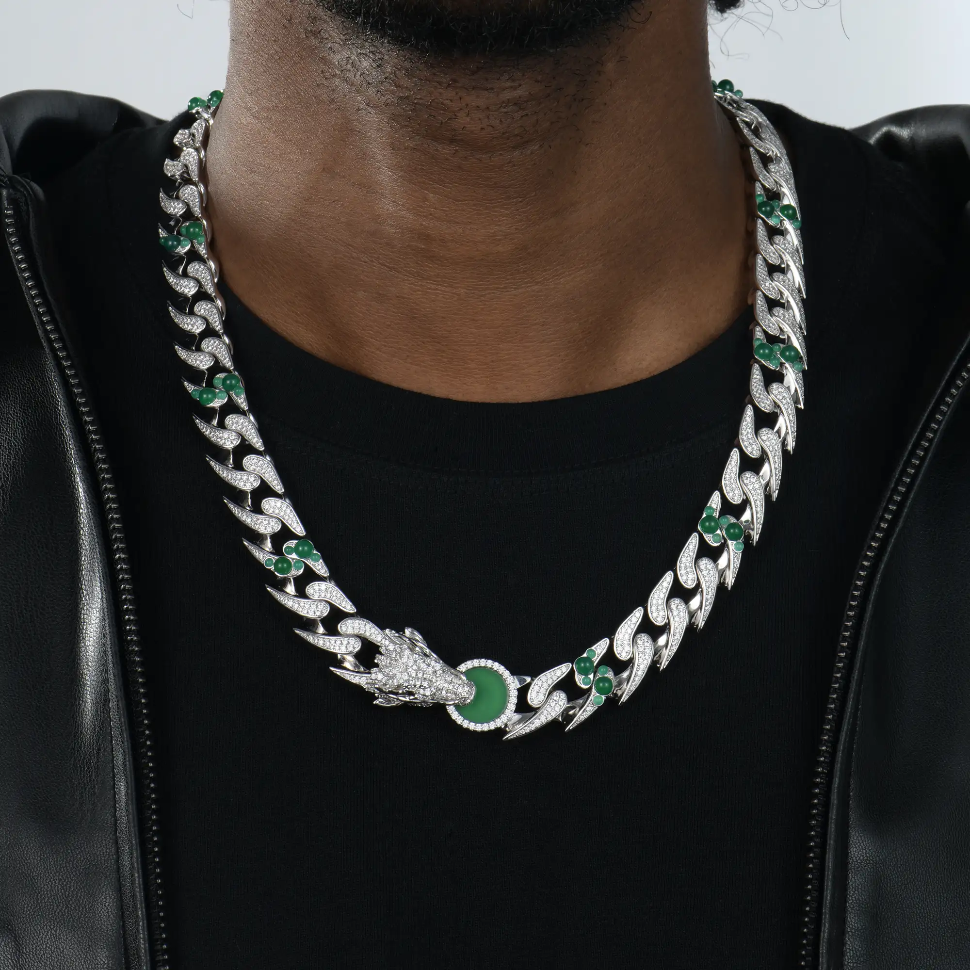 WONG Ⅱ Ridge Iced Jade Beads Cuban Necklace - 15mm - Image 2